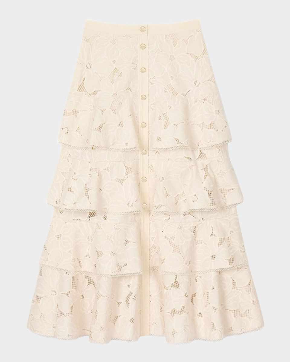 Orlivia Tiered Floral Embroidered Midi Skirt
